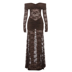 Ruched long sleeve lace off shoulder maxi dress