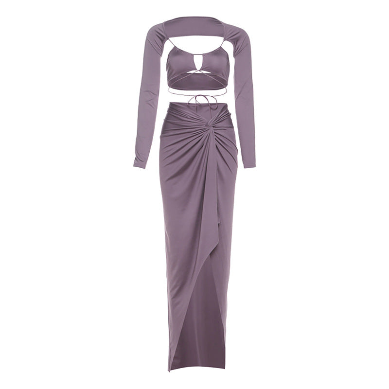 Long sleeve hollow out irregular slit maxi skirt set