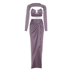 Long sleeve hollow out irregular slit maxi skirt set