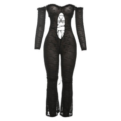 Off shoulder long sleeve hollow out lace hem jumpsuit