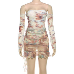 Long sleeve off shoulder print irregular mini dress