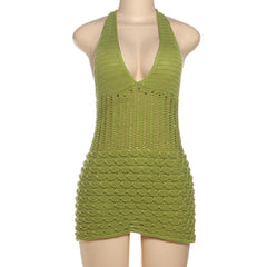 Hollow out self tie halter v neck knitted cut out mini dress
