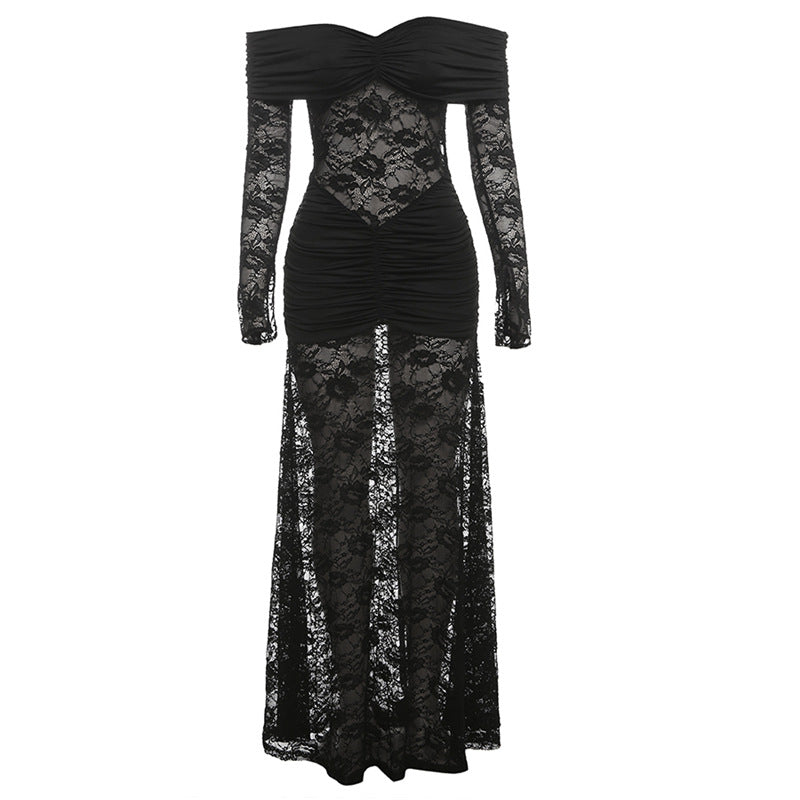 Ruched long sleeve lace off shoulder maxi dress