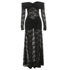 Ruched long sleeve lace off shoulder maxi dress