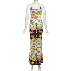 Print contrast backless cami maxi dress