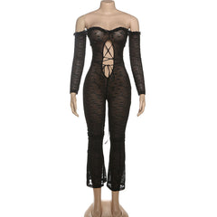 Off shoulder long sleeve hollow out lace hem jumpsuit