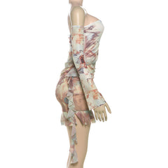 Long sleeve off shoulder print irregular mini dress