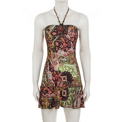 Self tie halter print beaded mini dress