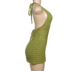 Hollow out self tie halter v neck knitted cut out mini dress
