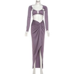 Long sleeve hollow out irregular slit maxi skirt set