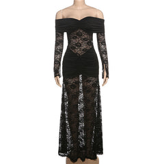 Ruched long sleeve lace off shoulder maxi dress