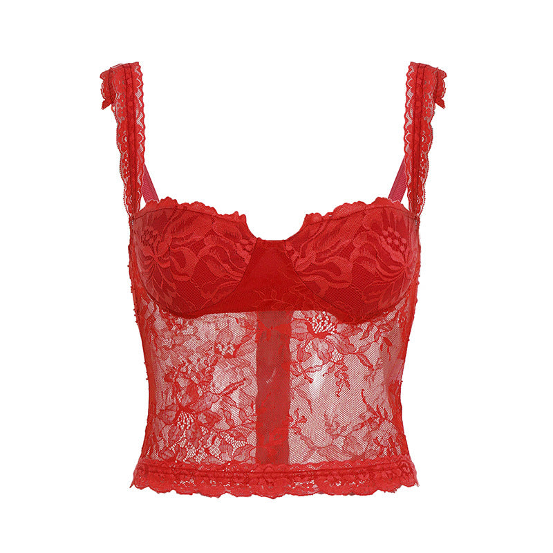 Lace button v neck backless cami top