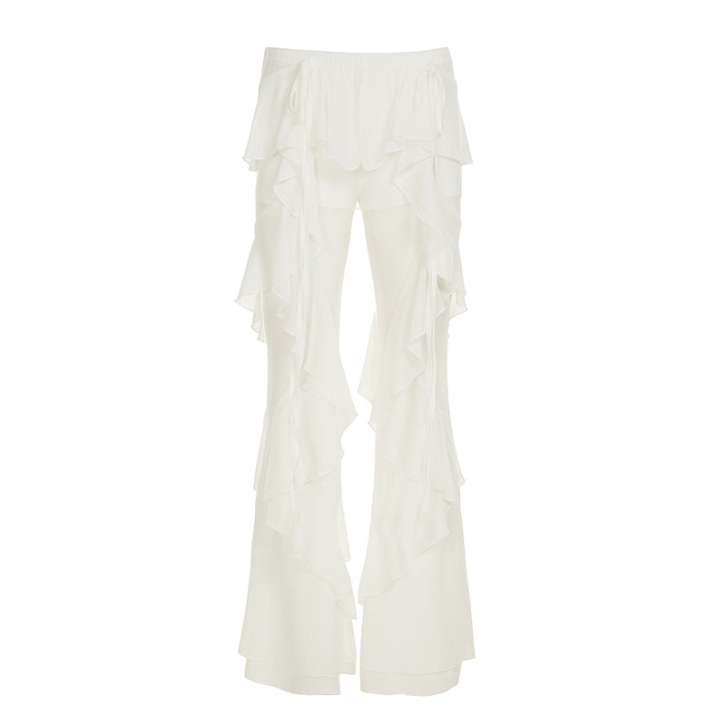 Ruffle irregular mesh solid low rise pant