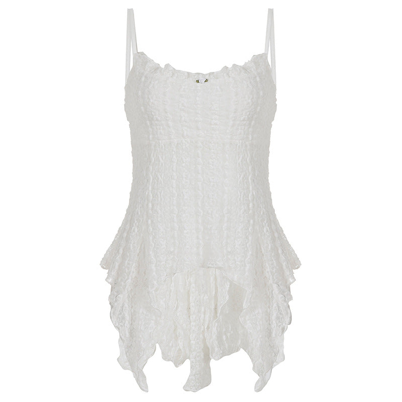 Ruffle flower applique u neck self tie cami top