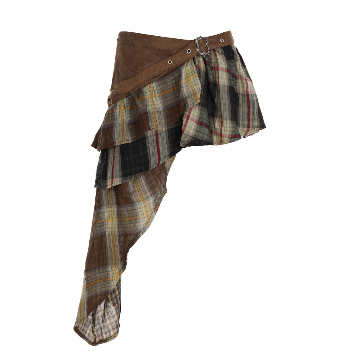 Irregular plaid lace up zip-up contrast mini skirt
