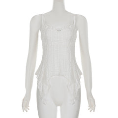 Ruffle flower applique u neck self tie cami top