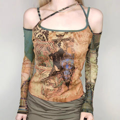Long sleeve print mesh off shoulder cami top