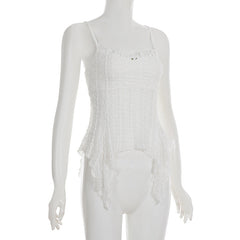 Ruffle flower applique u neck self tie cami top