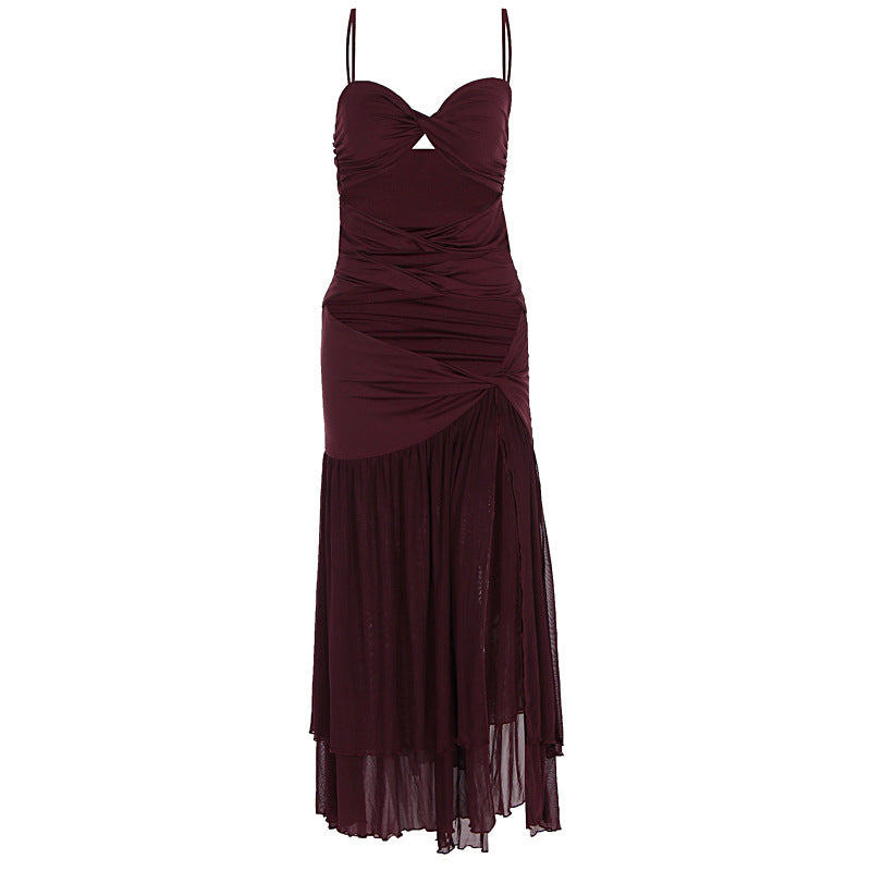Hollow out ruched slit v neck cami cut out maxi dress