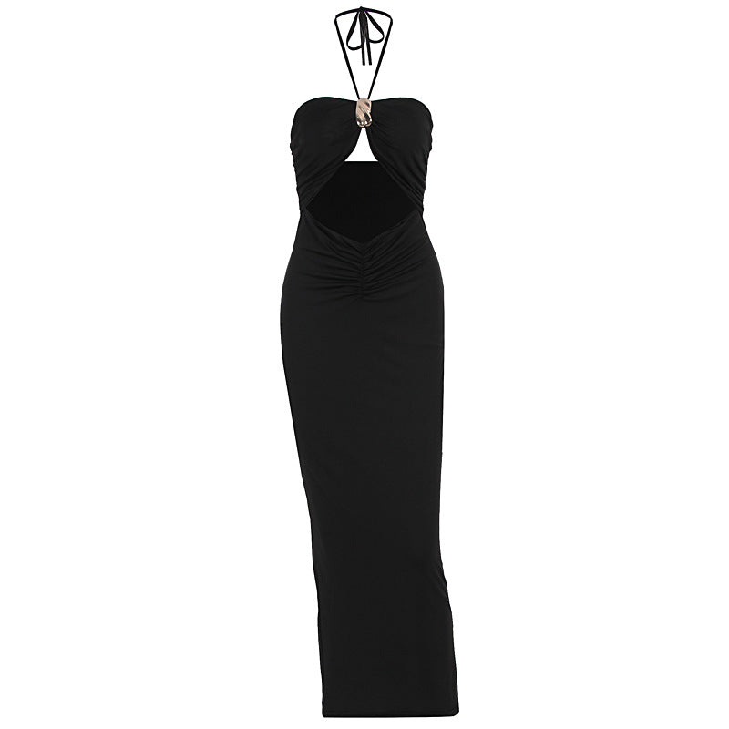 Hollow out halter self tie ruched cut out midi dress