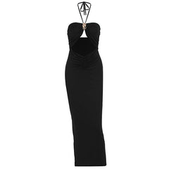 Hollow out halter self tie ruched cut out midi dress