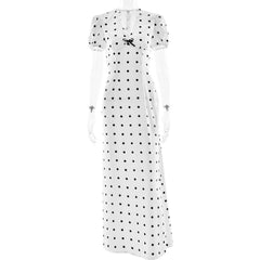 Polka dot short sleeve bowknot zip-up maxi dress