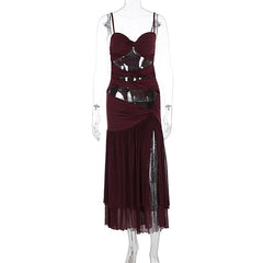 Hollow out ruched slit v neck cami cut out maxi dress