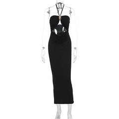 Hollow out halter self tie ruched cut out midi dress
