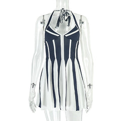 Halter self tie v neck contrast mini dress