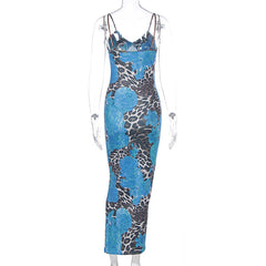 V neck flower print backless cami maxi dress