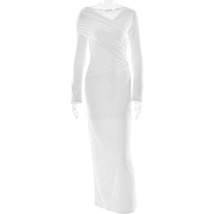 Long sleeve v neck ruched solid maxi dress