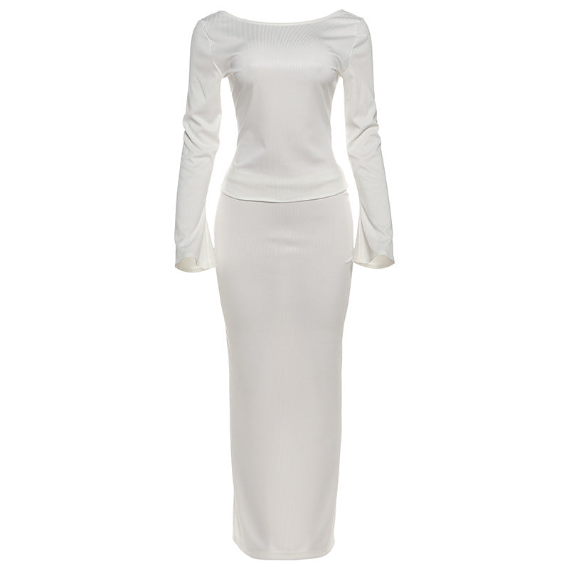 Long sleeve hollow out button maxi skirt set