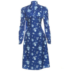 V neck long sleeve flower print midi dress