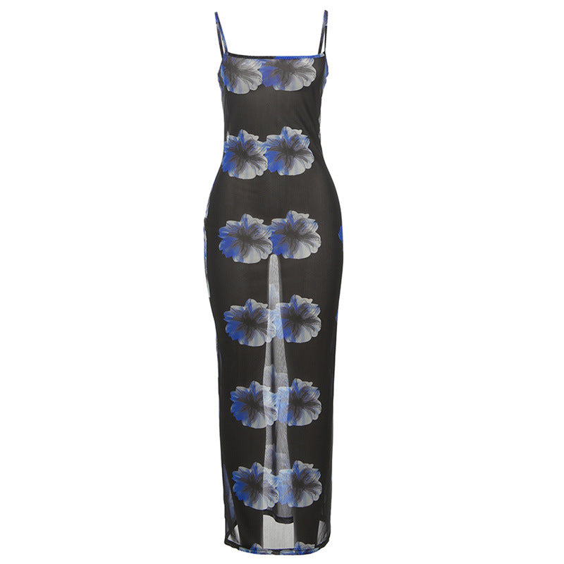 Flower print mesh cami maxi dress