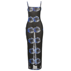 Flower print mesh cami maxi dress
