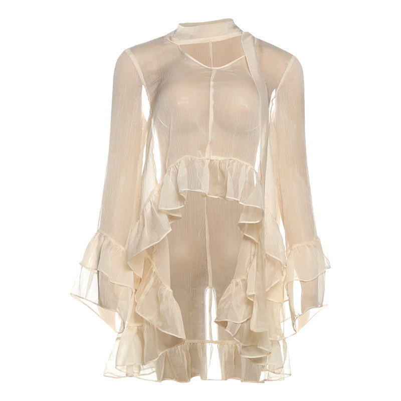 Long sleeve ruffle v neck see through top