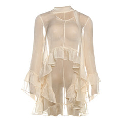 Long sleeve ruffle v neck see through top