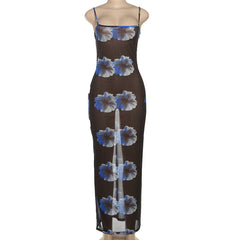 Flower print mesh cami maxi dress