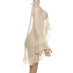 Long sleeve ruffle v neck see through top