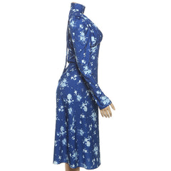V neck long sleeve flower print midi dress