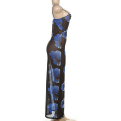 Flower print mesh cami maxi dress