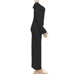 Long sleeve hollow out button maxi skirt set