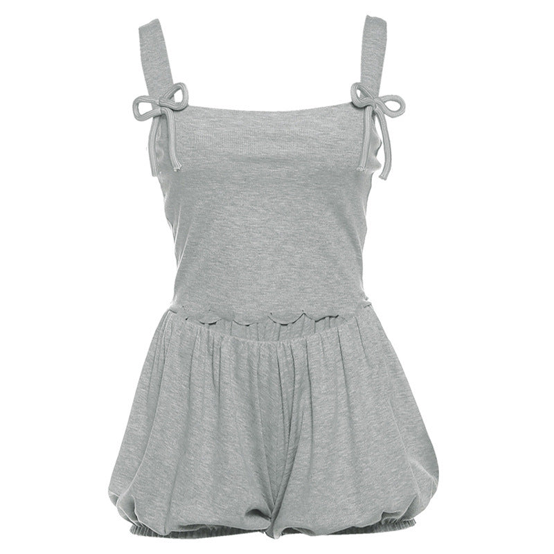 Square neck bowknot short pant set