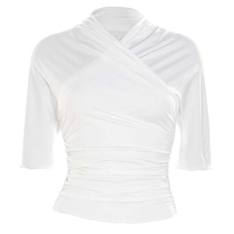 Ruched solid short sleeve cross front top