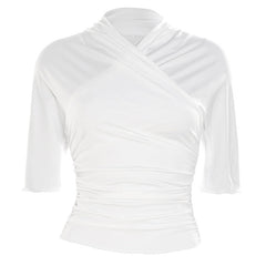 Ruched solid short sleeve cross front top