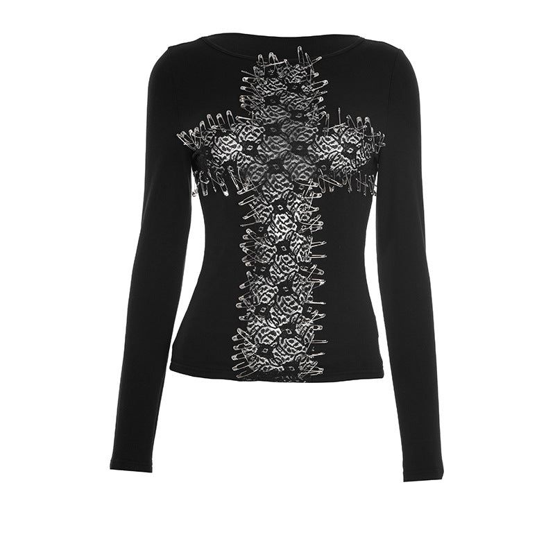 Cross pattern long sleeve crewneck top