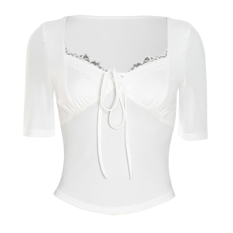 Lace hem self tie short sleeve solid top