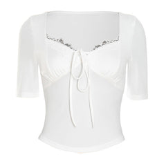 Lace hem self tie short sleeve solid top