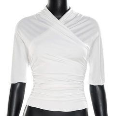 Ruched solid short sleeve cross front top