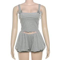 Square neck bowknot short pant set